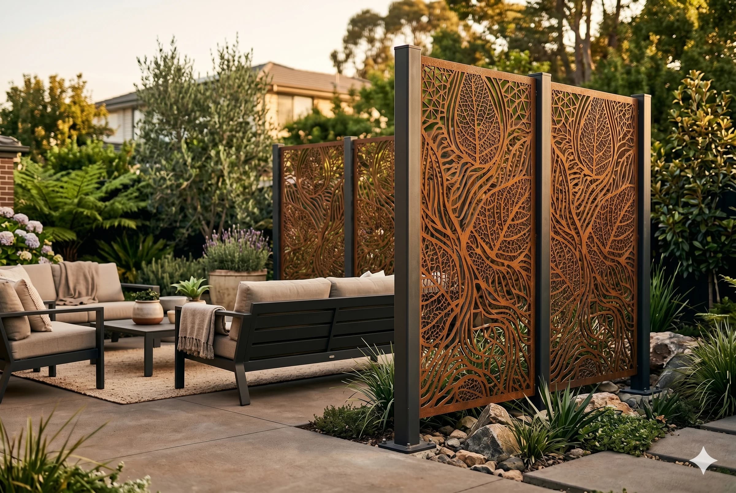 Decorative metal privacy screen framing an outdoor patio.